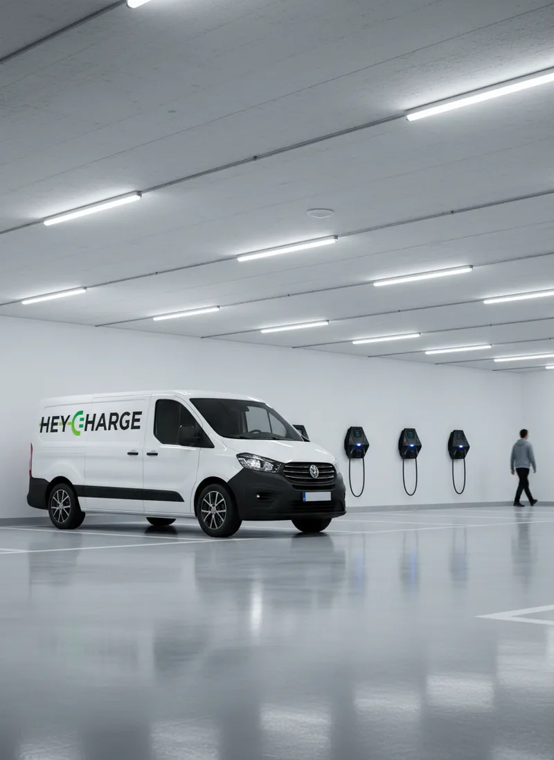HeyCharge Serviceteam mit Ladeinfrastruktur in einer Tiefgarage